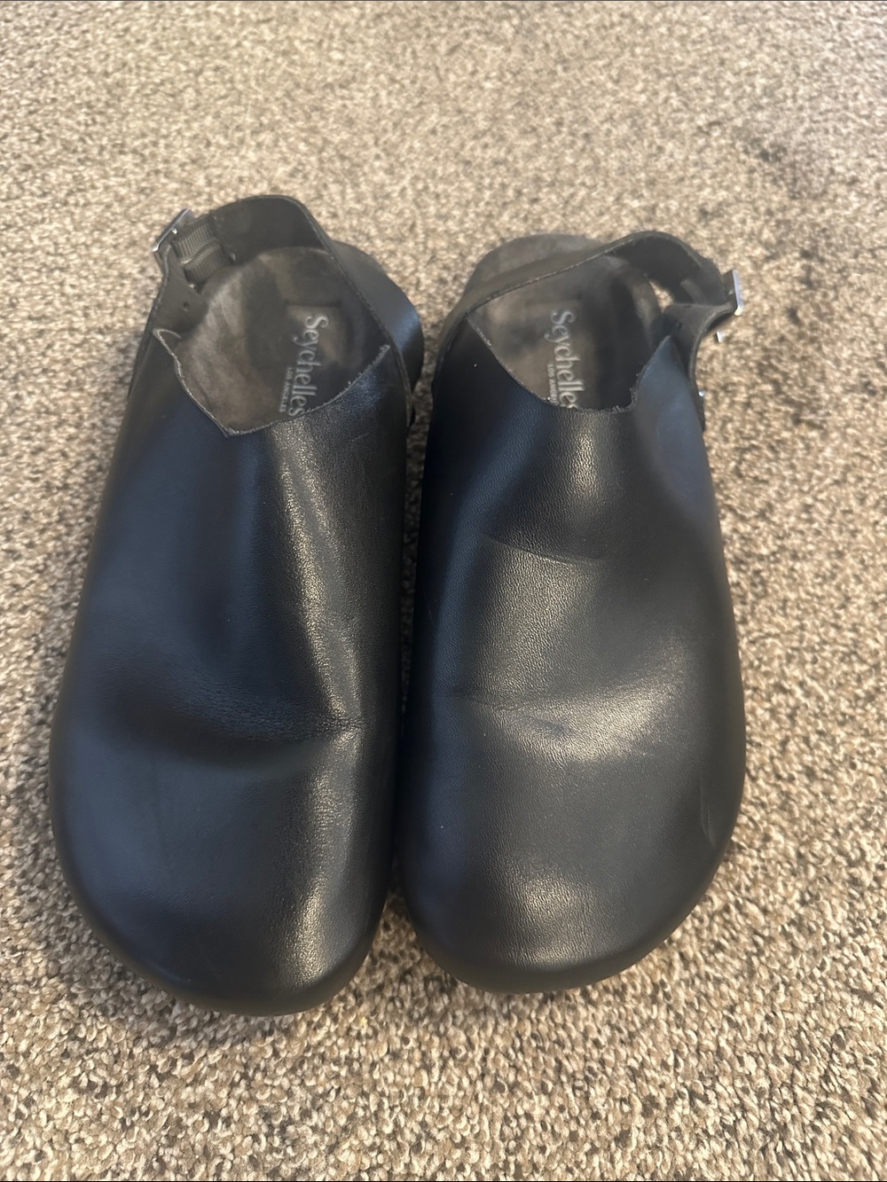 Seychelles Black Leather Backstrap Mules